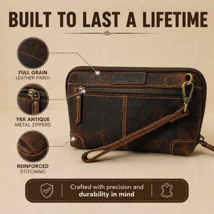 TheAntiq Genuine Leather Makeup Bag Travel Organizer, Premium Handcrafted Cosmetic Pouch with Zipper & Wrist Strap, Durable Toiletry Storage for Women & Men, 5 x 9- Brown
