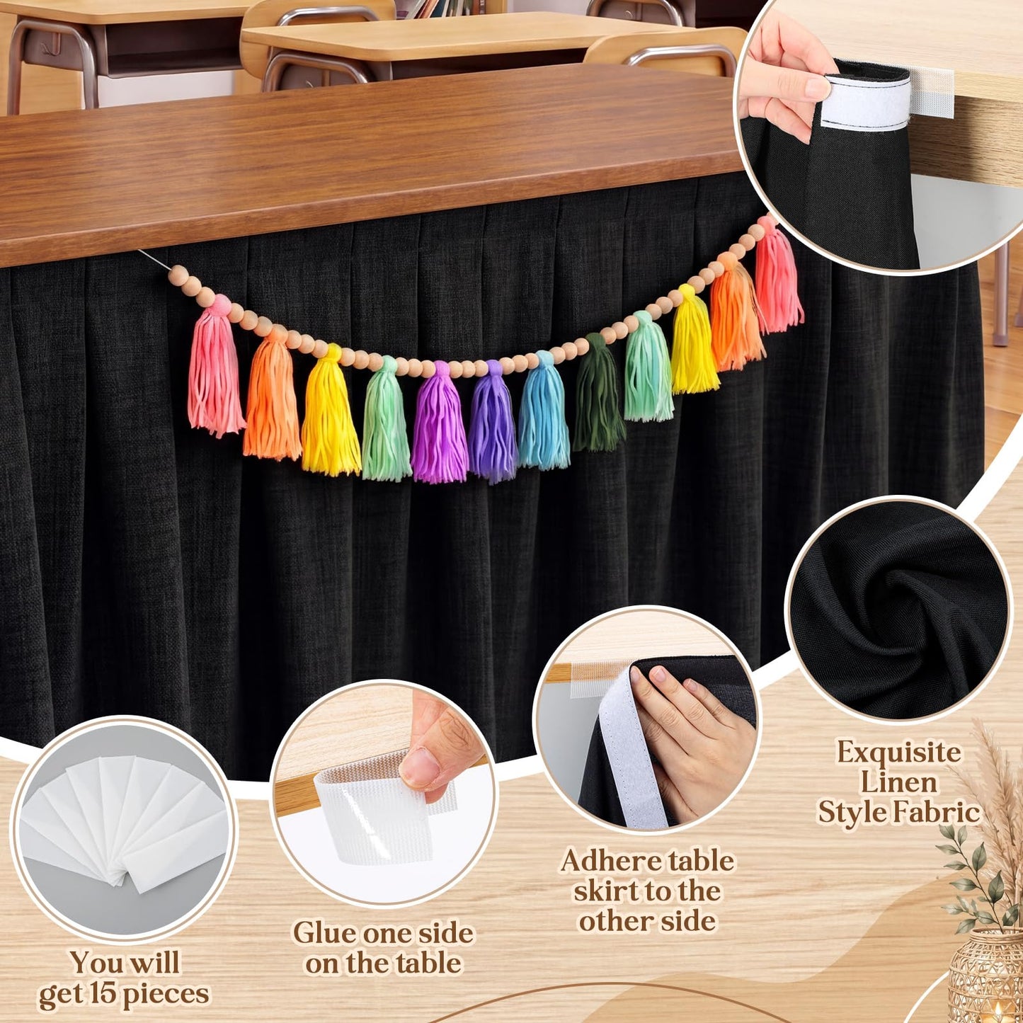 Tingjoo Black 9 ft X 30'' Teacher Desk Skirts Linen Textured Desk Tablecloth Skirts Pleated Office Decor Back to School Supplies for Classroom School Office Rectangular Round Table Cover