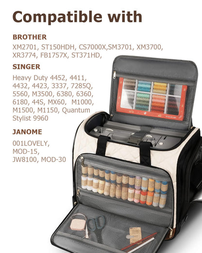 Arcoyard Sewing Machine Case with Wheels, Rolling Sewing Machine Carrying Case with Removable Bottom Pad & 2 Packing Cubes Storage, No Installation Required, Compatible with Singer, Brother, Brown