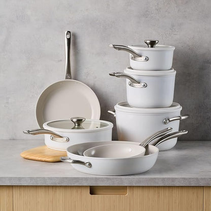 Circulon Halo with LaserDefense Ceramic Nonstick Cookware Set, 11-Piece Pots and Pans Set, Pearl White