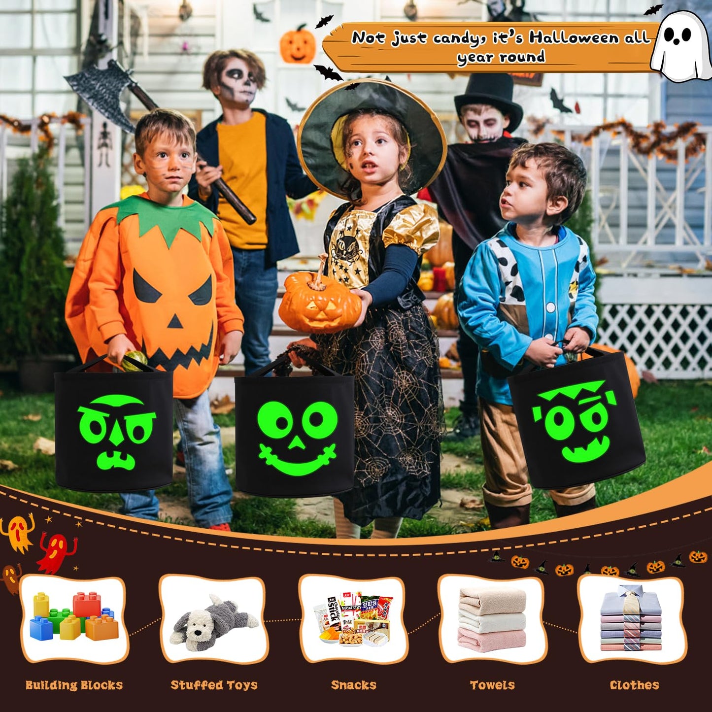JCJ 3PCS Trick or Treat Bags Halloween Basket Candy Bucket Multipurpose Portable Collapsible Reusable Goody Bucket for Kids Halloween Party Favor