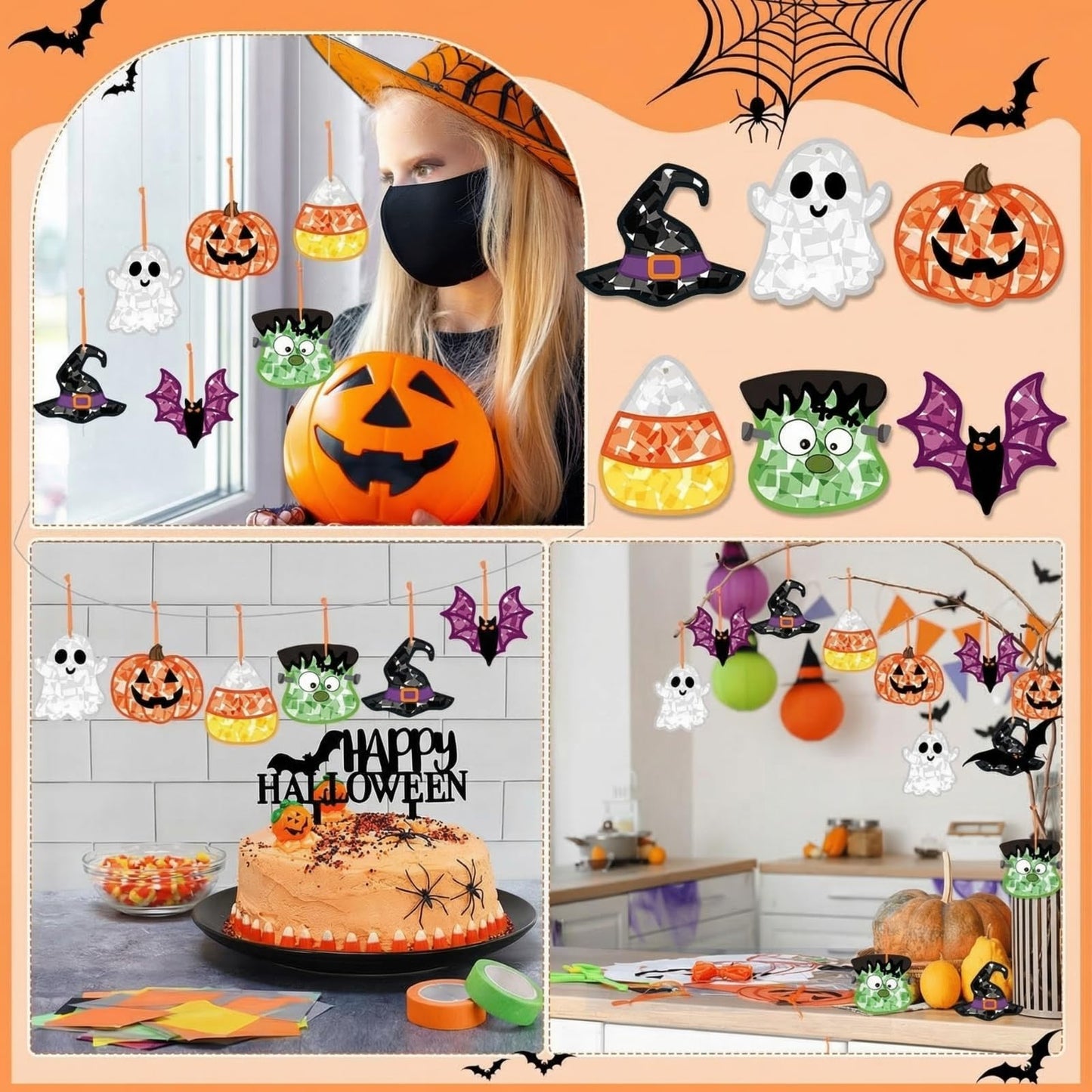 Feifeiya 24 Set Halloween Suncatcher Crafts with Tissue Paper DIY Stained Glass Effect Sun Catcher Kit Make Your Own Halloween Crafts Hanging Ornaments for Window Activity Creative Projects