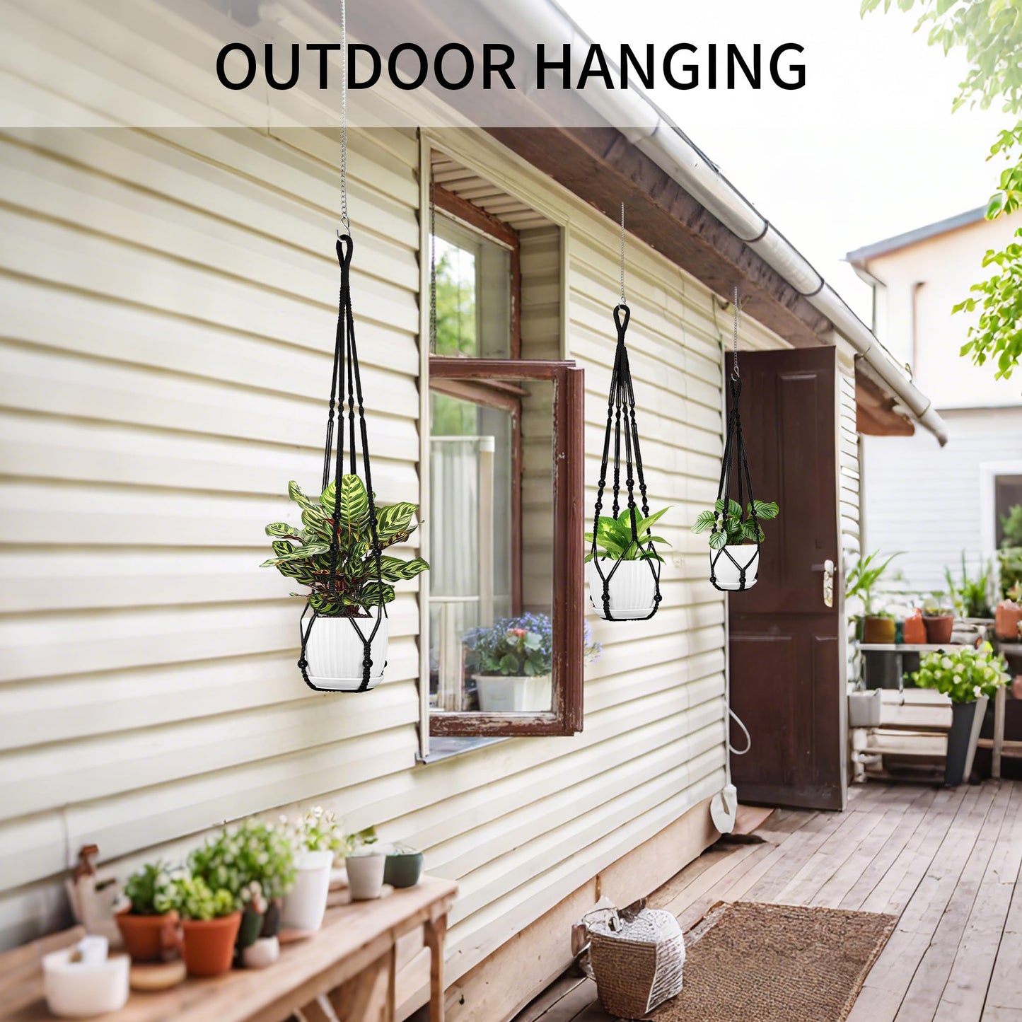 IDEEEPAN Macrame Plant Hanger - Fits 4 to 15 inches Pots for Indoor Outdoor, 43"/35"/29" Different Sizes Set, Black (POTS NOT Included)