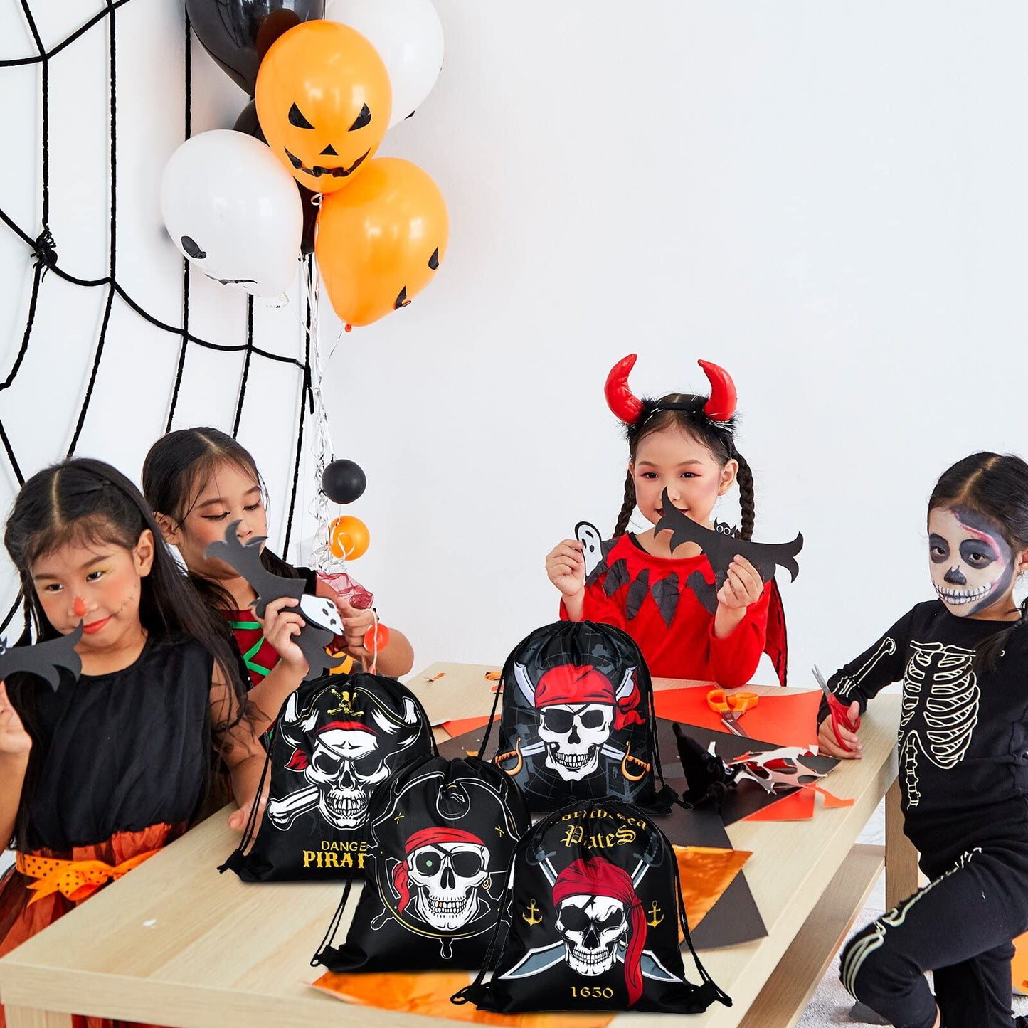 Kacctyen 24 Pcs Pirate Party Favor Goody Candy Treat Bags Halloween Pirate Captain Skull Gift Drawstring Bags for Boys Girls Adventure Themed Birthday Party Supplies Decoration(16 Pieces)