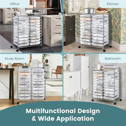 COSTWAY 20 Drawers Rolling Storage Cart, Multipurpose Movable Organizer Cart for Tools, Scrapbook, Paper, Craft, Utility Storage Trolley on Wheels for Home Office School (Clear)