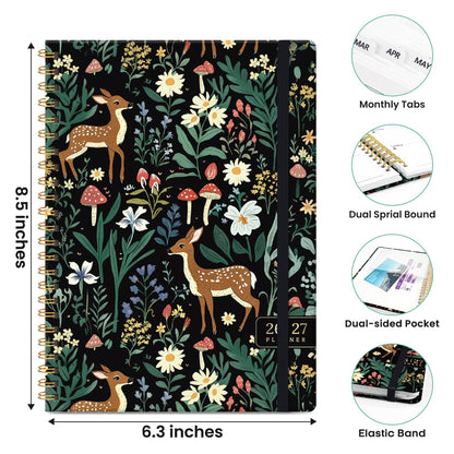 Academic Planner 2026-2027, Monthly and Weekly Calendar Planner, July 2026 - June 2027, Pretty Hardcover Teacher Student Planning Agenda Book with Tabs, Fit for School Office Supplies, 6.3" x 8.5", Forest Fawns