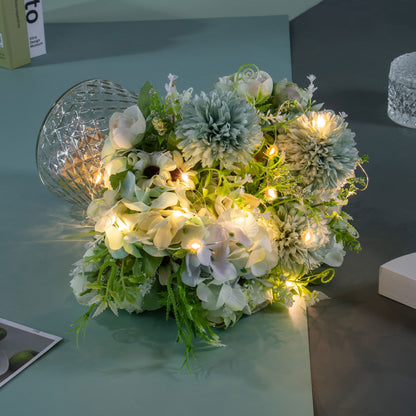 Artificial LED Green Rose Flowers with Glass Vase, Remote Control Led Light, Flower Arrangement for Table Centerpiece, Home Office Wedding Decoration
