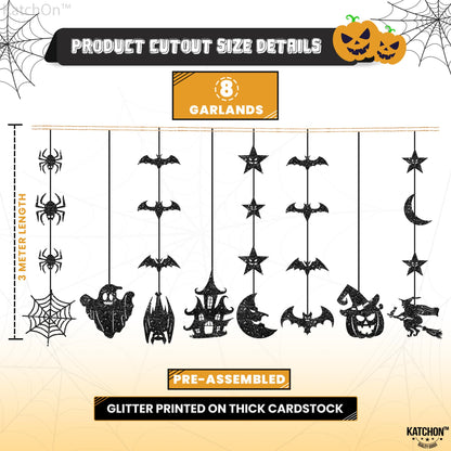 KatchOn, Glitter Black Halloween Garland - Huge, Pack of 10 | Halloween Party Decor Garland with Ghost, Witch, Skull, Raven, Pumpkin & Tree Cutouts | Spooky Party Hanging Decoration