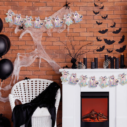 Oudain 2 Pack Halloween Ghost Garland 6.56 ft Iridescent Ghost Decor Laser Cute Boo Holographic Paper Bow Hanging Banner for Halloween Party Decor Birthday Party Home Indoor Outdoor Mantel