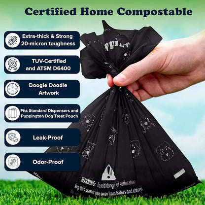 Puppington Certified Home Compostable Poop Bags - ASTM D6400 Compliant - 270 Extra Thick Bags - Plant Based - Pairs with Puppington 3-in-1 Bag & Fits all Standard Poop Bag Dispensers (Onyx Black)