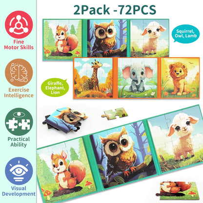 Magnetic Puzzles for Toddlers 3-5 2PK-72PCS-6 Animal Themes Magnetic Puzzles for Kids 4-6 Travel Puzzle for Airplane/Car/Road Trip/Gift Toys for 3 4 5 6 Year Old Girls and Boys