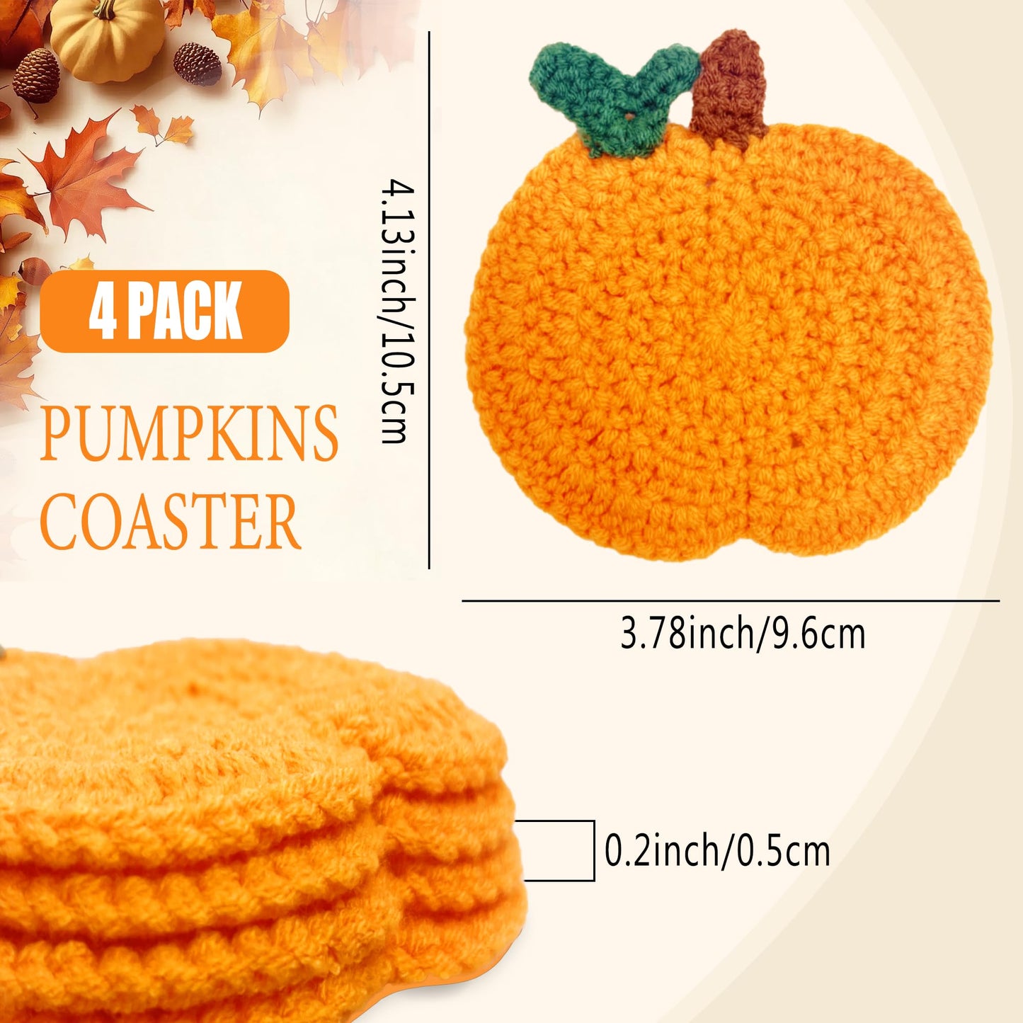 Fall Pumpkin Crochet Coaster 4 Pack, Fall Pumpkin Decor Handmade Knitted Drink Coaster Set, Autumn Decoration Drink Cup Pad Mats for Table Protection, Thanksgiving Home Kitchen Party Table Decor