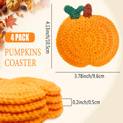 Fall Pumpkin Crochet Coaster 4 Pack, Fall Pumpkin Decor Handmade Knitted Drink Coaster Set, Autumn Decoration Drink Cup Pad Mats for Table Protection, Thanksgiving Home Kitchen Party Table Decor