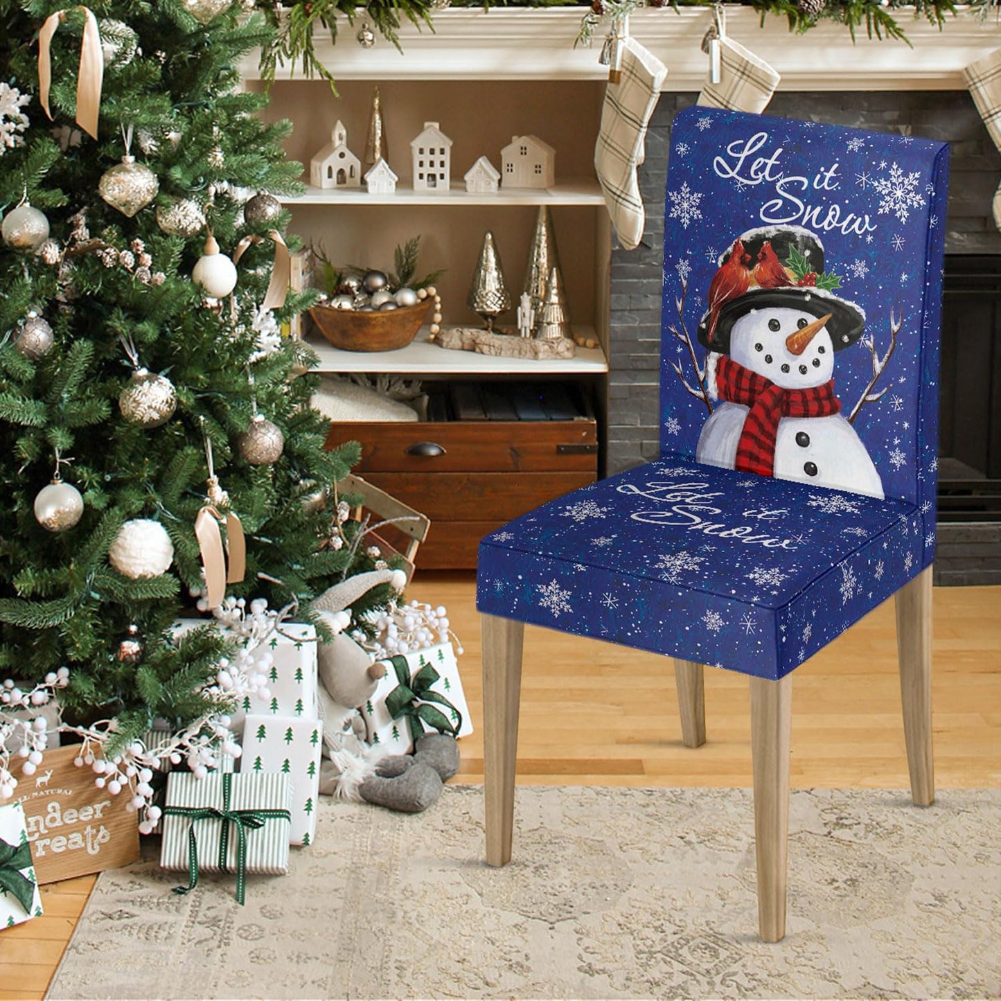 Horaldaily 4PCS Christmas Dining Chair Covers,Blue Snowman Let It Snow Stretch Removable Washable Slipcover Chair Protector for Dining Room Home Decor