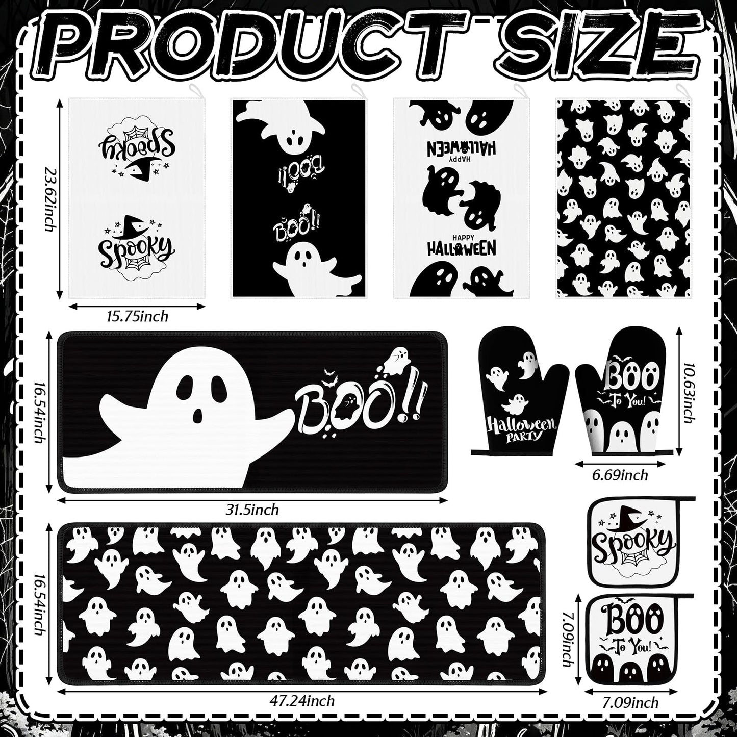 Fanfanwin 10 Pcs Halloween Ghost Kitchen Decor Set Ghost Kitchen Rugs Towels Pot Holders Oven Mitts Set for Baking Cooking BBQ Halloween Decorations