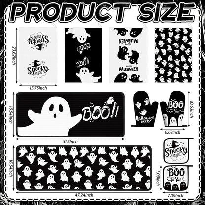 Fanfanwin 10 Pcs Halloween Ghost Kitchen Decor Set Ghost Kitchen Rugs Towels Pot Holders Oven Mitts Set for Baking Cooking BBQ Halloween Decorations