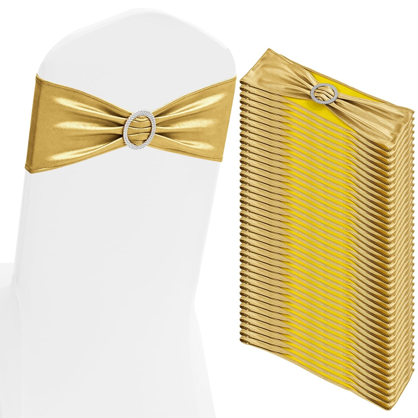 100 PCS Spandex Chair Sashes Bows Premium Stretch Chair Cover Band with Buckle Slider Universal Elastic Chair Ties for Wedding Party Ceremony Events Reception Banquet Decoration (Metallic Gold)