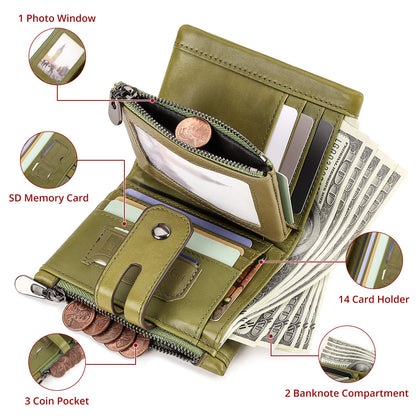 gzcz Men Wallets with Chain Genuine Leather Purse RFID Blocking Minimalist Bifold Wallet with Zipper Coin Pocket ID Window, Green