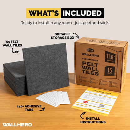 WALLHERO Cork Boards for Office, Dart Board Wall Protector, 59"x36" | 15 Pack | Black Bulletin Board, Cork Board, Cork Board Squares, Homasote Board, Bulletin Board Tiles (Gray Black)