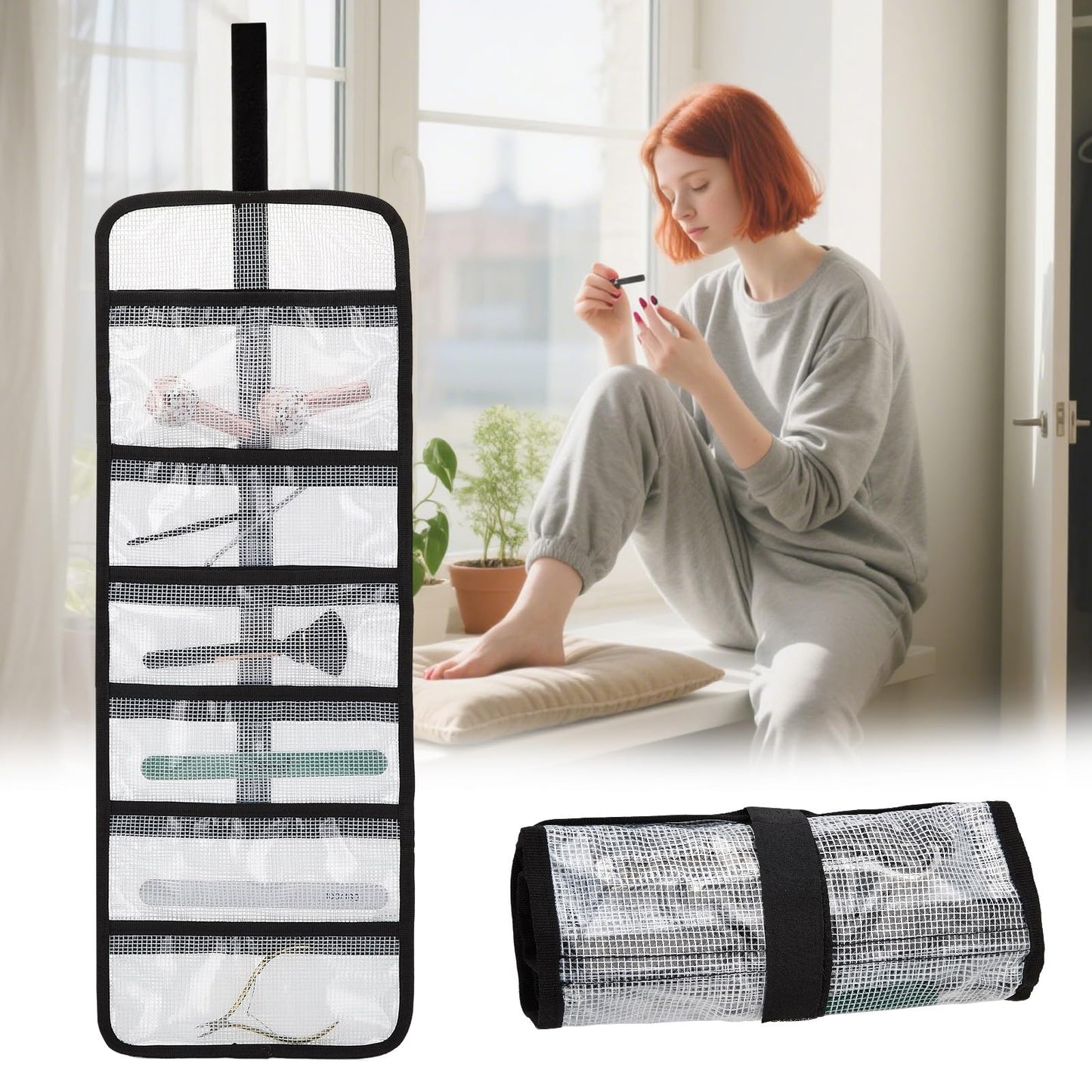 Small Roll Up Storage Bag, 6 Pockets Roll Up Tool Kit, Suitable for Mechanics, Kitchen Storage, Art Sketching, Travelling, Potter's Tools, Office Objects, Transparent and Visible, Space-Saving 2 Pack