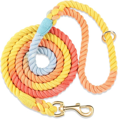 Dog Leash 6 FT Handmade Braided Cotton Rope Leashes for Small Medium and Large Dogs, New Golden Heavy Duty Metal Clasp, Colorful Rainbow