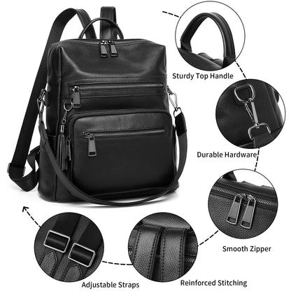 Wesccimo Genuine Leather Backpack Purse For Women Black Real Soft Leather Fashion Designer Convertible Ladies Shoulder Bag
