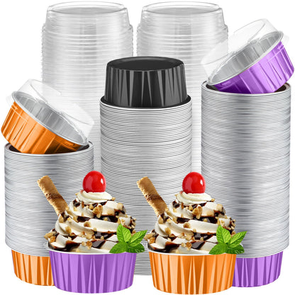 Gandeer 200 Pack Aluminum Foil Cupcake Liners with Lids, 5 oz Round Baking Cup, Disposable Ramekin Container for Graduation Wedding Independence Day Party(Purple, Orange, Black,Halloween)