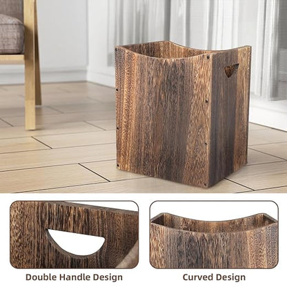 5 Gallon Wooden Trash Can Curved Design Office Waste Basket, Rectangular Farmhouse Garbage Can, Brown Vintage Wood Trash Can Storage Basket With Handles for Bedroom Office Living Room Decorative