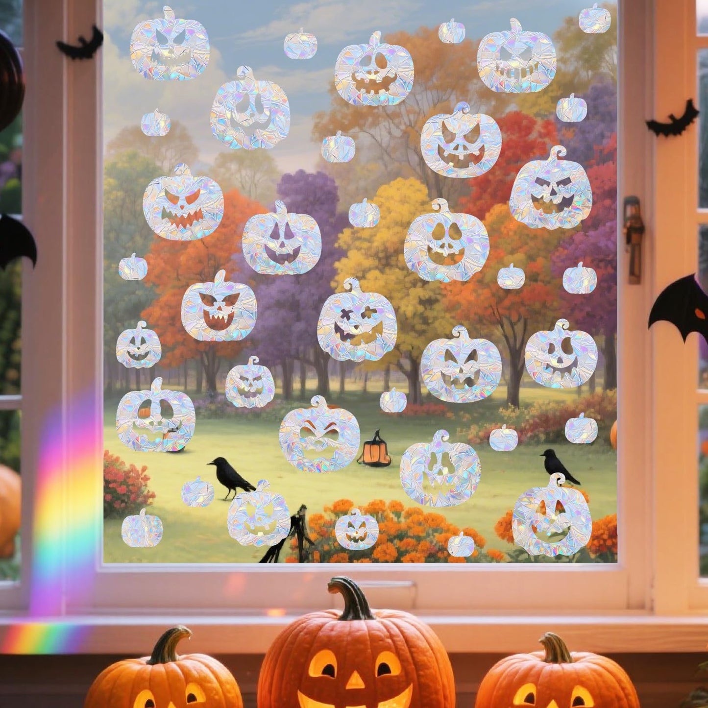 Pumpkin Window Cling Halloween Window Clings Static Clings for Glasss Windows Sun Catcher Rainbow Stickers Ainti Collision Windows Decals for Bird Strike Halloween Decorations