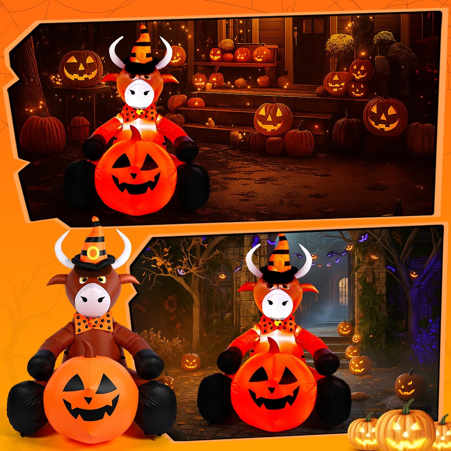 Soulchen 5FT Halloween Inflatable Highland Cow Outdoor Decorations with Witch Hat Holding Pumpkin Built-in LED Lighted Halloween Blow up for Yard Garden Lawn Holiday Party Decor