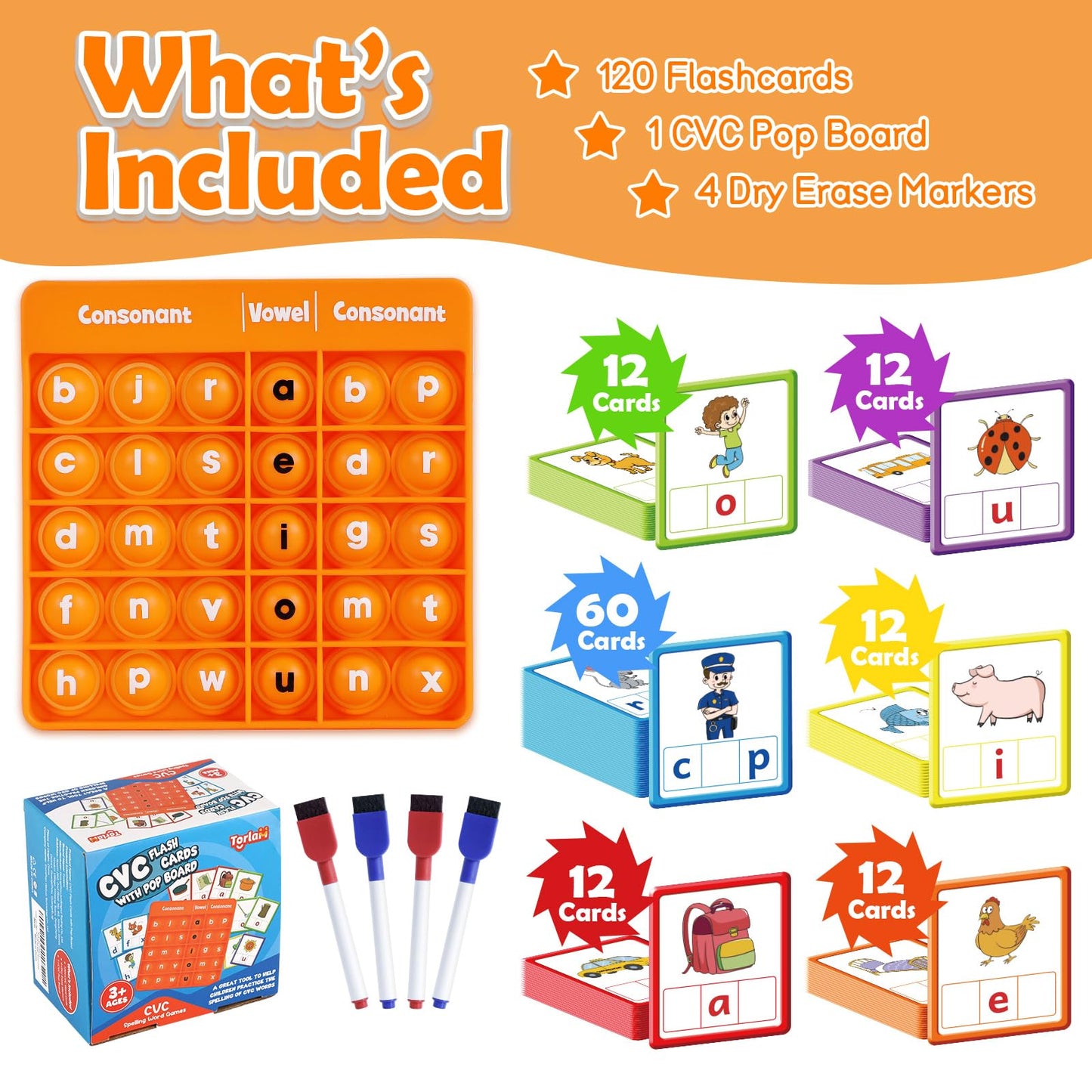 Torlam CVC Word games Phonics Games Sight Words Flash Cards, Spelling Reading Learning Flashcards, Speech Therapy Toy Preschool Kindergarten Classroom Learning Activities Must Have Homeschool Supplies