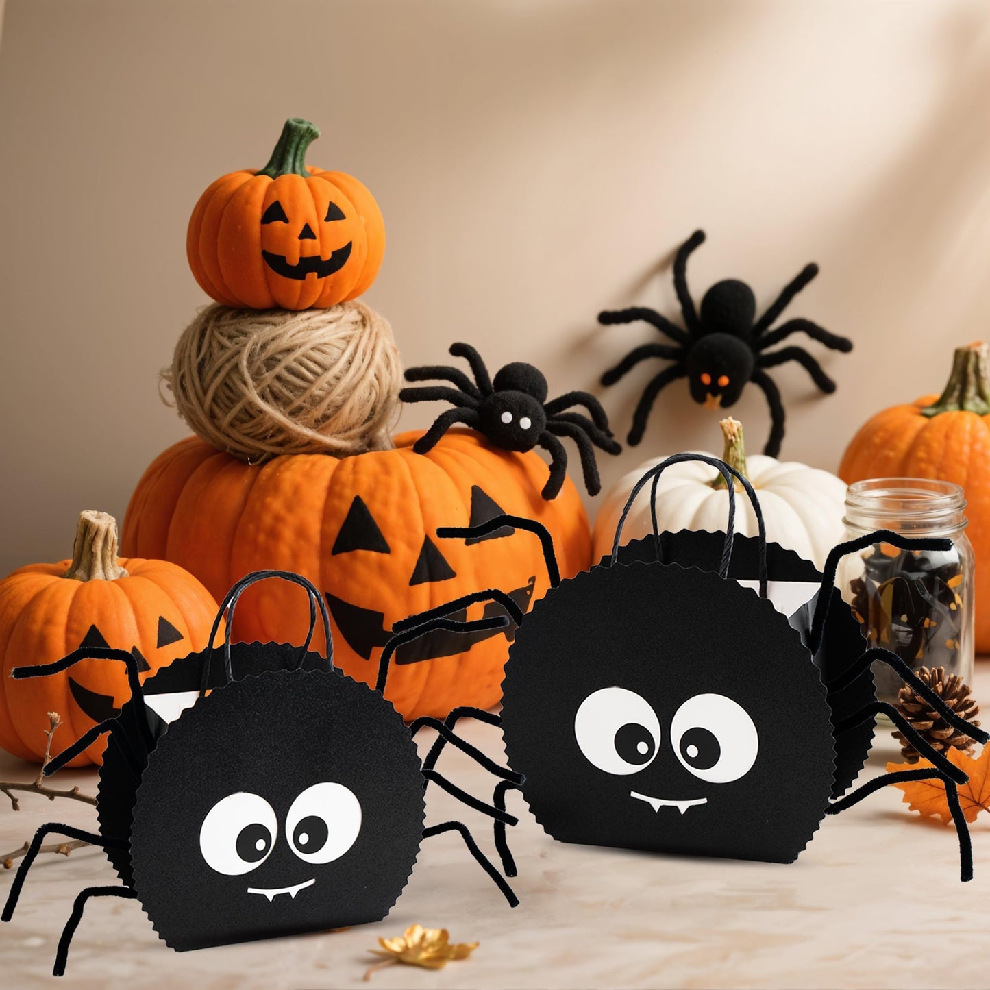 Cheerland Halloween Spider Party Favors Gift Bag With Straw Legs Trick Or Treat Bags Black Halloween Goodie Bags Spooky Theme Cute Birthday Party Decorations Candy Gift Bday Supplies (Pack Of 8)