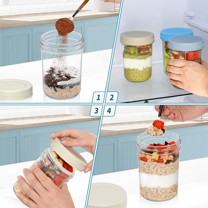 Xyptorix 16 oz Overnight Oats Containers with Airtight Lids - 4-Pack Leak-Proof Wide Mouth Mason Jars & Divided Cups for Dried and Wet Foods, Glass Jars for Chia Pudding, Salad, Snacks, and Yogurt
