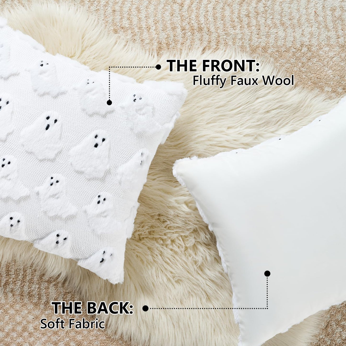 Emvency Halloween Throw Pillow Covers 18x18 Set of 2, Spooky Ghost White Decorations Pillow Cases Soft Plush Faux Fur Wool Couch Cushion Case for Couch Bed Sofa Living Room Home Decor