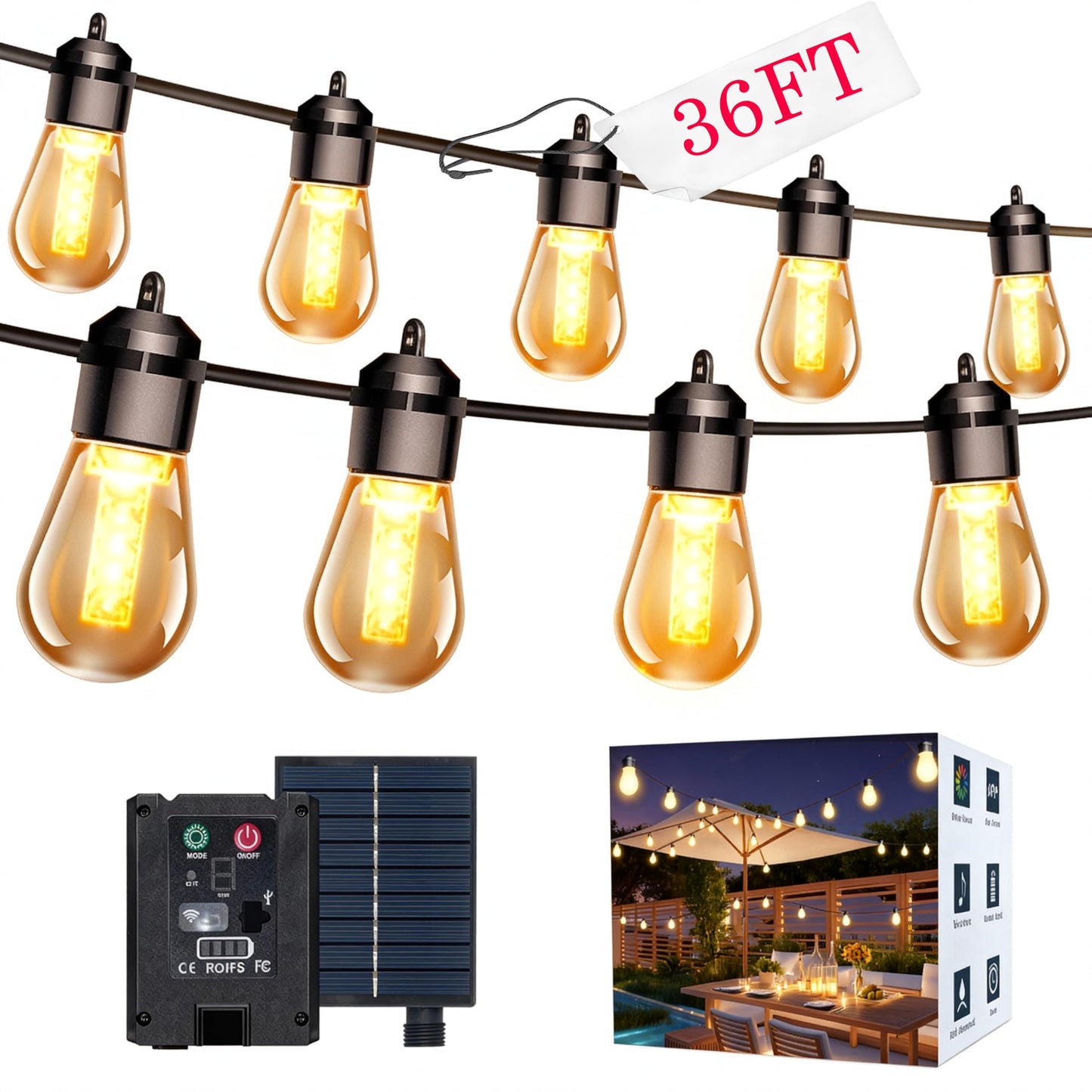 Honche Solar Outdoor Party Lights Waterproof LED IP66 with 15 Edison Bulb Warm White String Lights Patio Lights for Christmas Camping Wedding Birthday Backyard Gazebo Party Decor