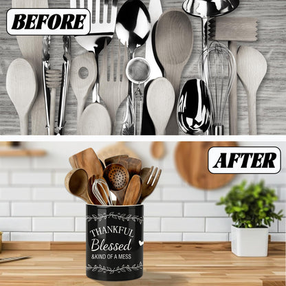 DPOTHK Black Utensil Holder, Ceramic Kitchen Utensil Holder, Utensil Crock for Home Kitchen Countertop Storage Organizer Container, Large Holder for Spatulas, Spoons, Kitchen Counter Decor, 6"