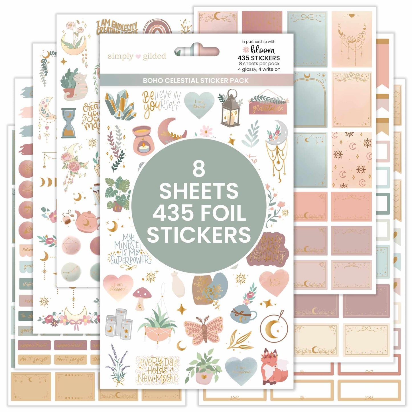 bloom daily planners x Simply Gilded Aesthetic Neutral Planner Stickers (8 Sheets / 435 Stickers) - Bohemian Variety Pack with Gold Foil for Decorating, Planning, Scrapbooking