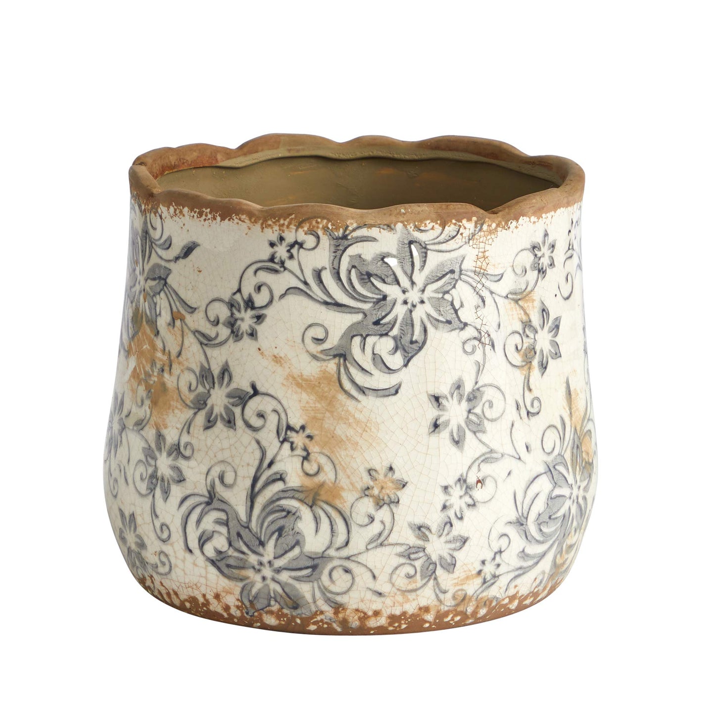 Nearly Natural 7in Ceramic Decorative Planter Tuscan Style Gray Scroll Design for Indoor Home Shelf Table Decor