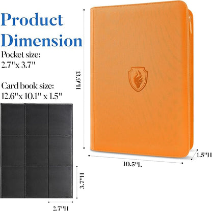 Premium Zip Card Binder, Fabmaker 9 Pocket Trading Card Binder, PU Cover Zipper Card Collection Album, Sturdy 360 Side-Loading Card Folder Holder for Game & Sports Cards, Orange