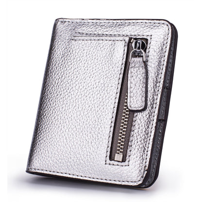 AINIMOER Small Leather Wallet for Women, Ladies Credit Card Holder RFID Blocking Women's Mini Bifold Pocket Purse, Silver