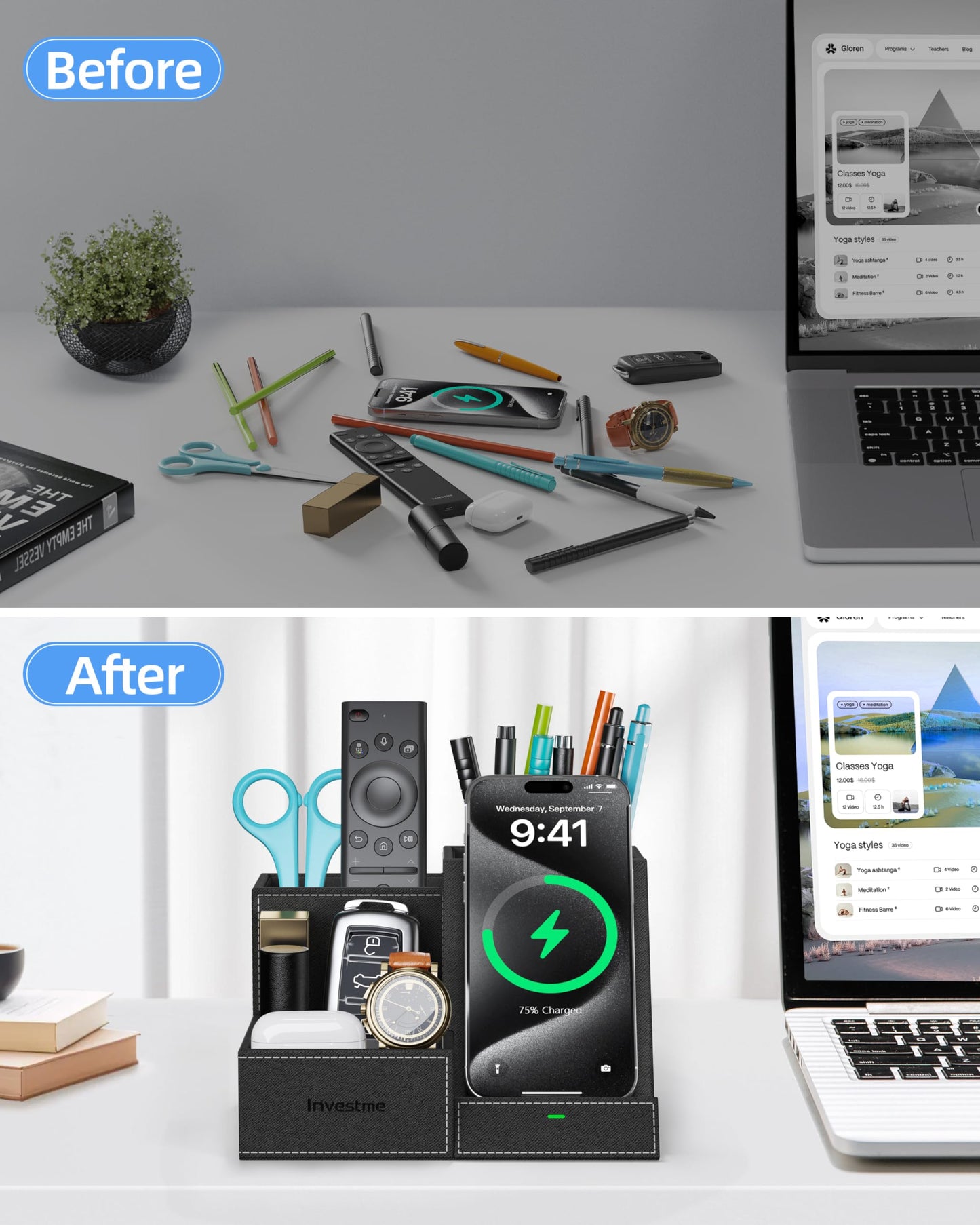 Investme Wireless Charger with Desk Organizer, Pen Pencil Holder, Multifunctional Desktop Organizer, Office Supplies and Desk Accessories Organizer with 3 Compartments and 1 Phone Stand