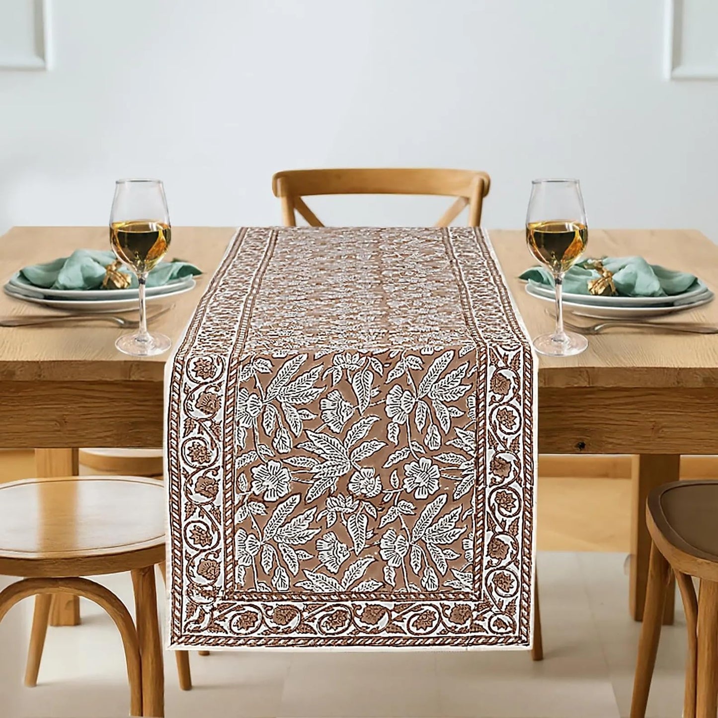 Ridhi Oak Brown Hand Block Print 100% Cotton Reusable Table Runner 16" X 106" Inches Table Runner Decorative Everyday Use for Dining, Home, Party, Wedding, Halloween, Christmas, Thanksgiving