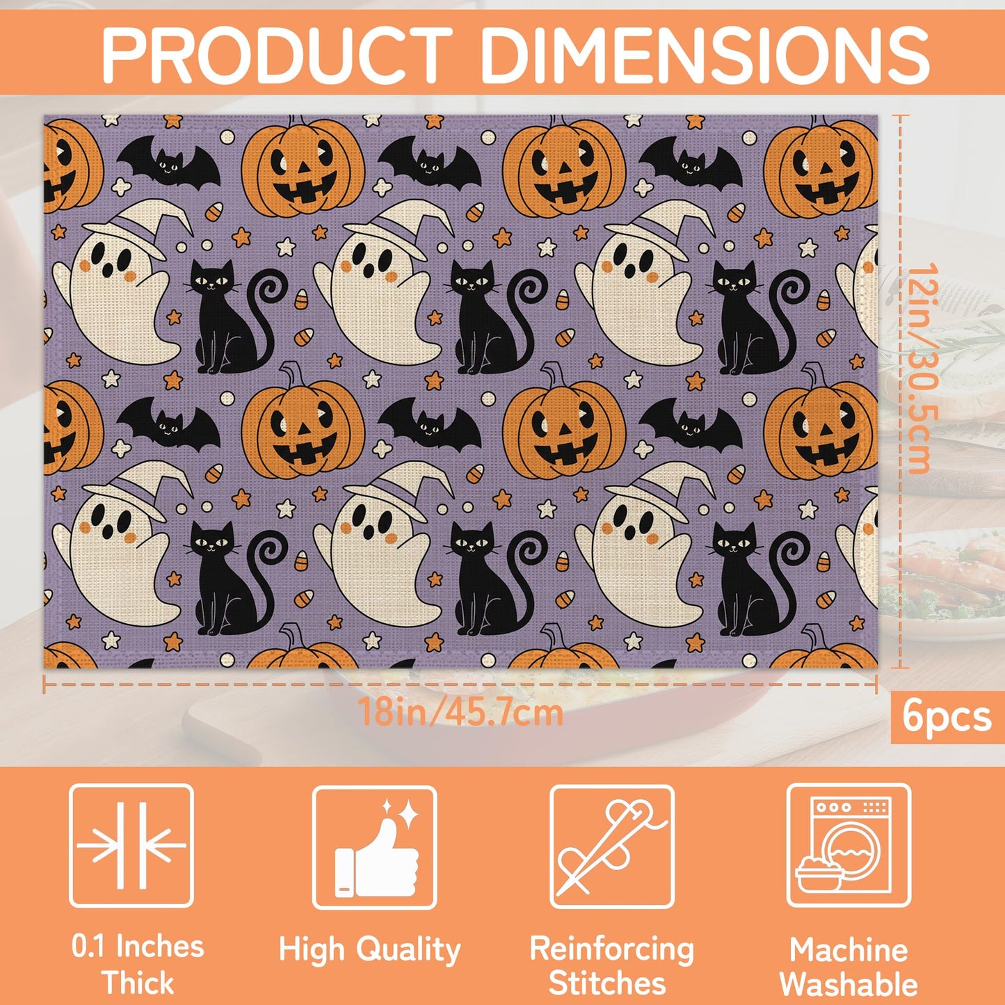 Halloween Ghosts Pumpkins Table Mats Set of 6,Black Cats Non-Slip Washable Placemats for Restaurant Home Kitchen Dinner Table 12x18Inch