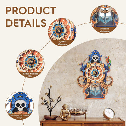 3D Puzzles for Adults Wooden Clock-Octopus Pirate Model Kit, Mechanical DIY Pendulum Clock with Roman Numerals-Home Wall Decor, Birthday Christmas Day Gift for DIY Lovers