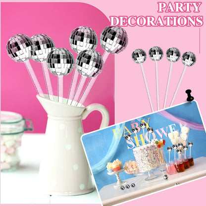 Sawysine 24 Pcs Disco Party Decorations Disco Ball Cocktail Stirrers 8 Inch Silver Mirror Ball Stir Sticks Beverage Coffee Drink Stirrer for 70s 80s Bachelorette Wedding Birthday Party(Silver)