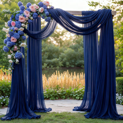 Wedding Arch Draping Fabric, 2 Panels 6 Yards Navy Blue Sheer Backdrop Curtain Window Scarf Valance for Table Event Party Home Decorations（2 Panels）, Navy Blue