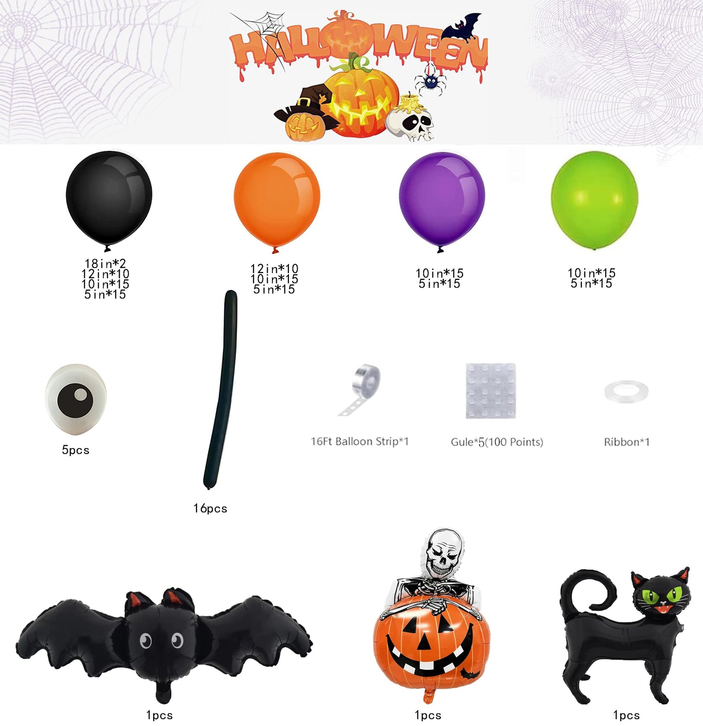 Bonropin 173pcs Halloween Balloon Garland Arch kit with Black Orange Green Purple Balloons Spider Balloons Halloween Foil Balloons for Haloween Theme Party Background Classroom Decorations