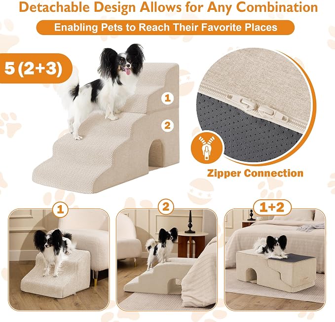 Dog Stairs for Bed 23’’ H, 5-Step Dog Steps for High Bed, Foldable Pet Stairs for Small Dogs and Cats to Get on Beds, Couch, Non-Slip Balanced Pet Steps and Ramp with Waterproof Cover, Beige