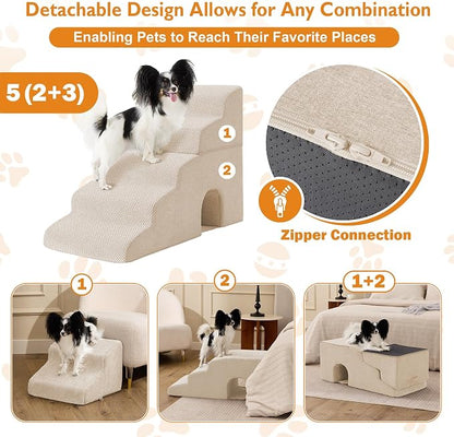 Dog Stairs for Bed 23’’ H, 5-Step Dog Steps for High Bed, Foldable Pet Stairs for Small Dogs and Cats to Get on Beds, Couch, Non-Slip Balanced Pet Steps and Ramp with Waterproof Cover, Beige