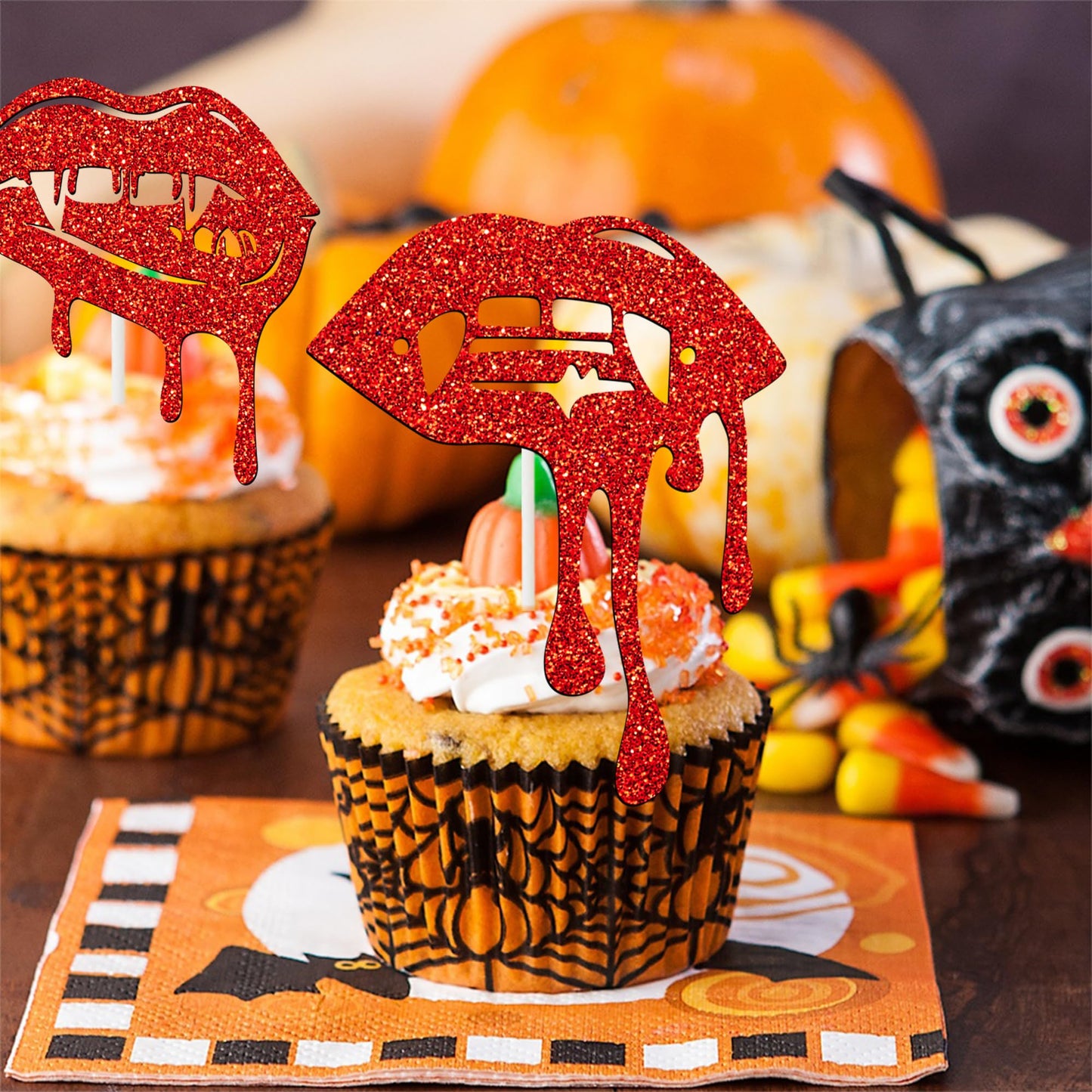 Halloween Vampire Cupcake Topper Red Have a Bite Cake Decorations 24PCS Double Sided Glitter Zombie Vampire Party Decorations Horror Theme Cake Picks for Halloween Birthday Party Supplies